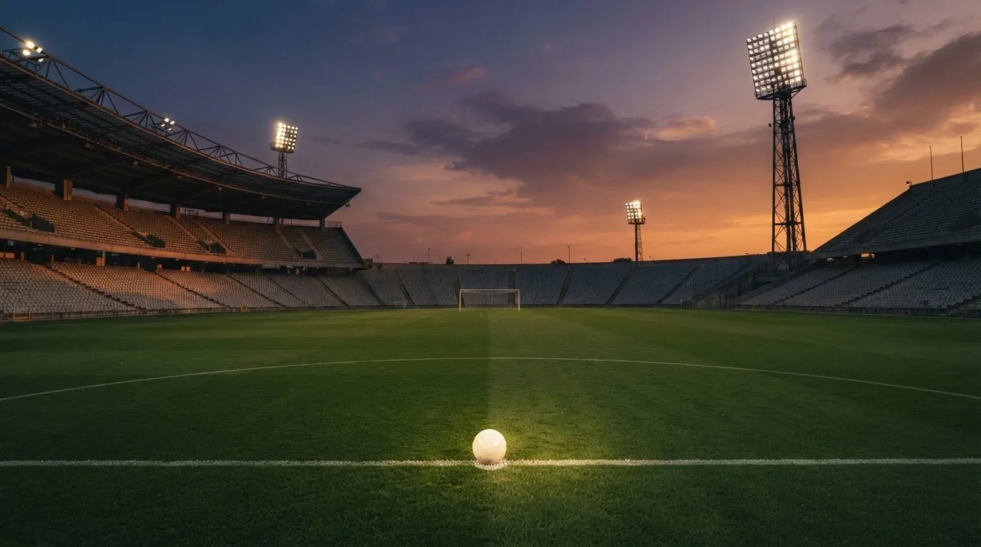 Un estadio de fútbol vacío con torres de iluminación al atardecer