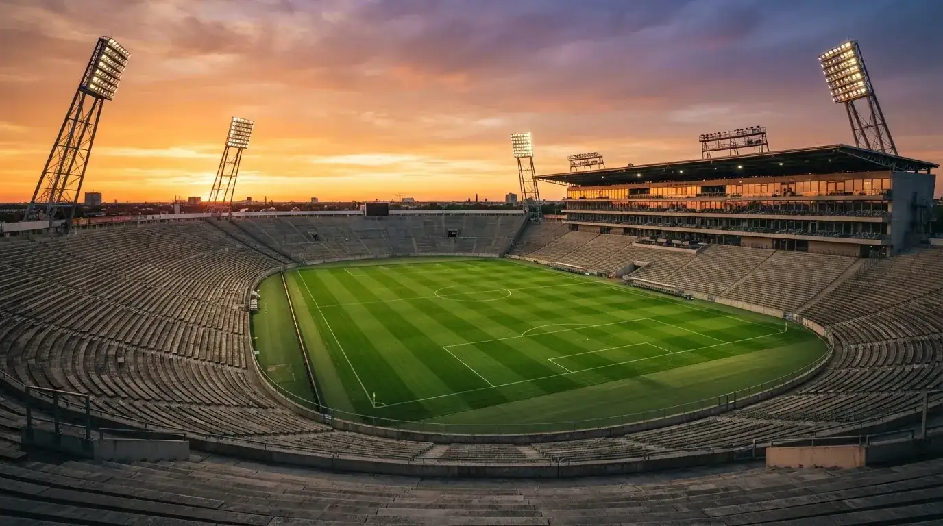 Un estadio de fútbol vacío con torres de iluminación al atardecer