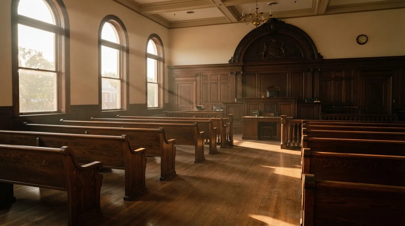 Una sala de tribunal vacía con bancos de madera a la luz de la mañana