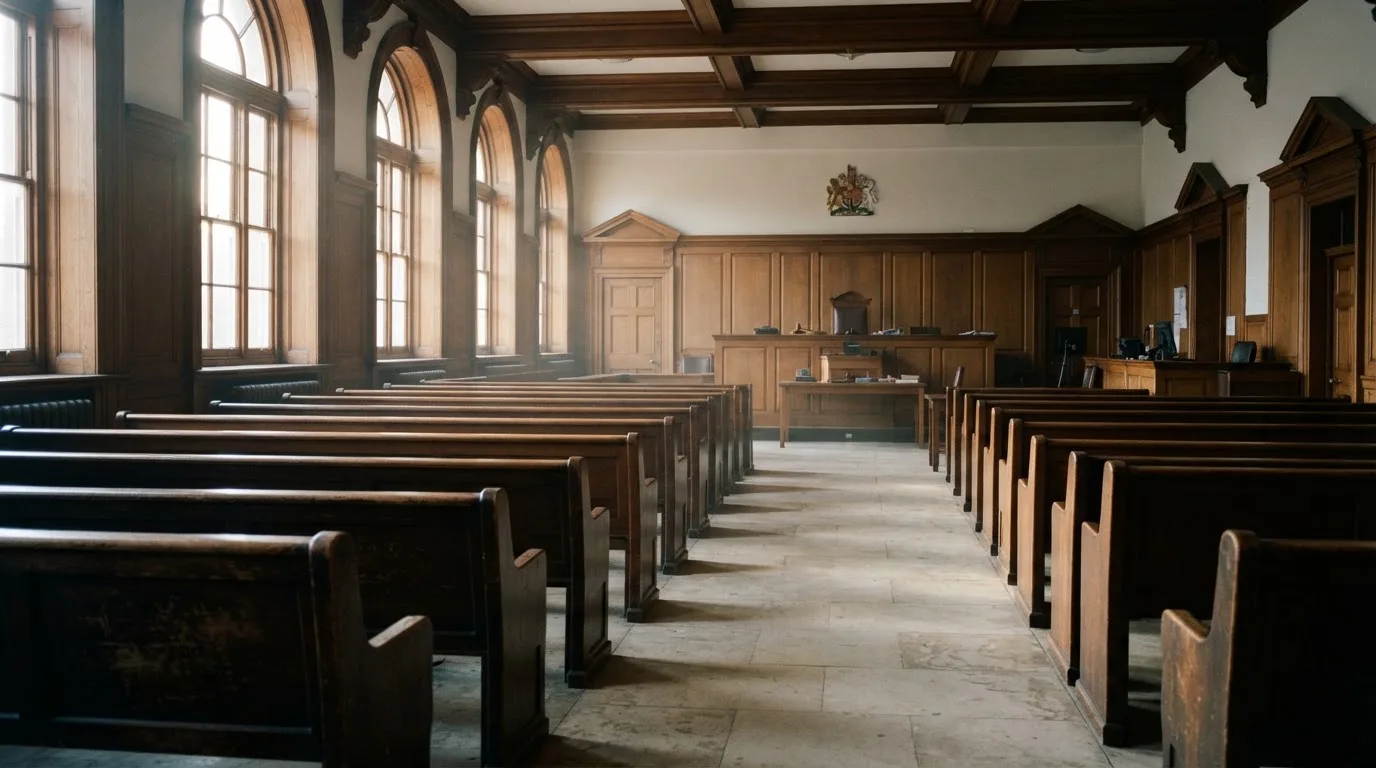 Una sala de tribunal vacía con bancos de madera a la luz de la mañana