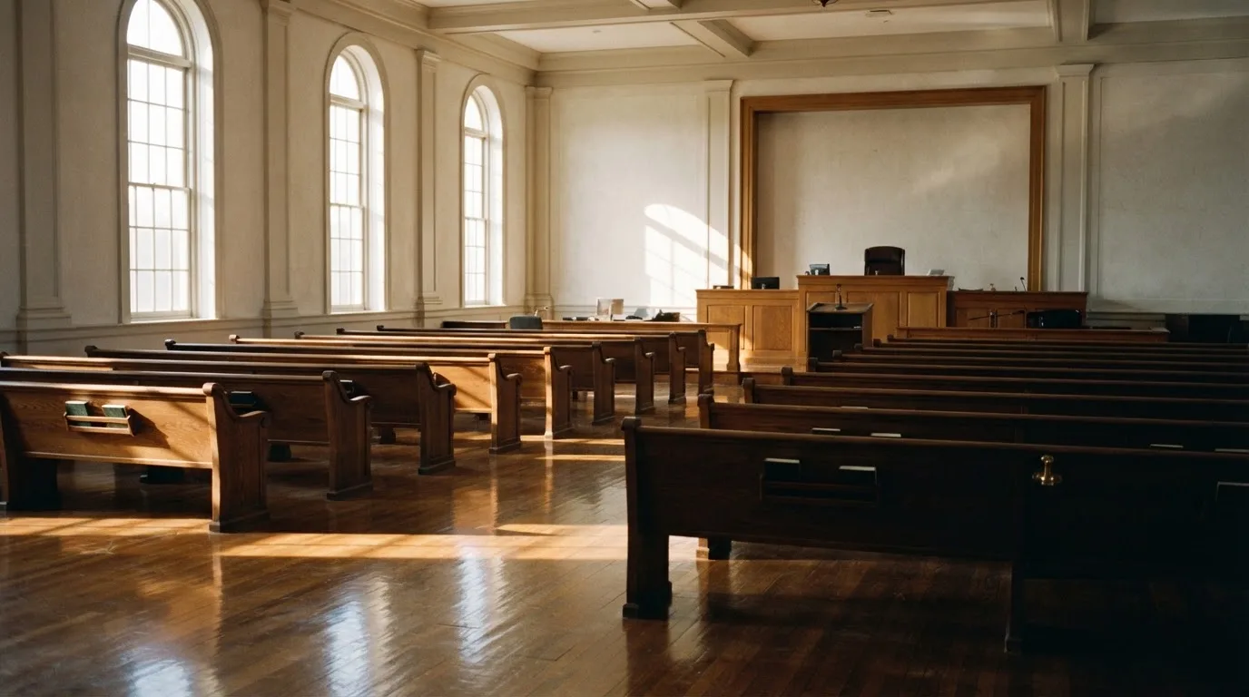 Una sala de tribunal vacía con bancos de madera a la luz de la mañana
