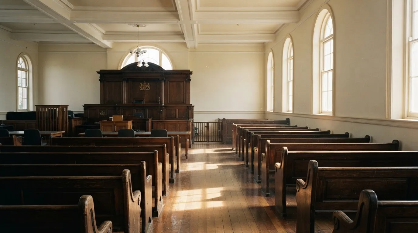 Una sala de tribunal vacía con bancos de madera a la luz de la mañana
