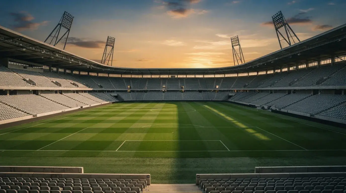 Un estadio de fútbol vacío con torres de iluminación al atardecer