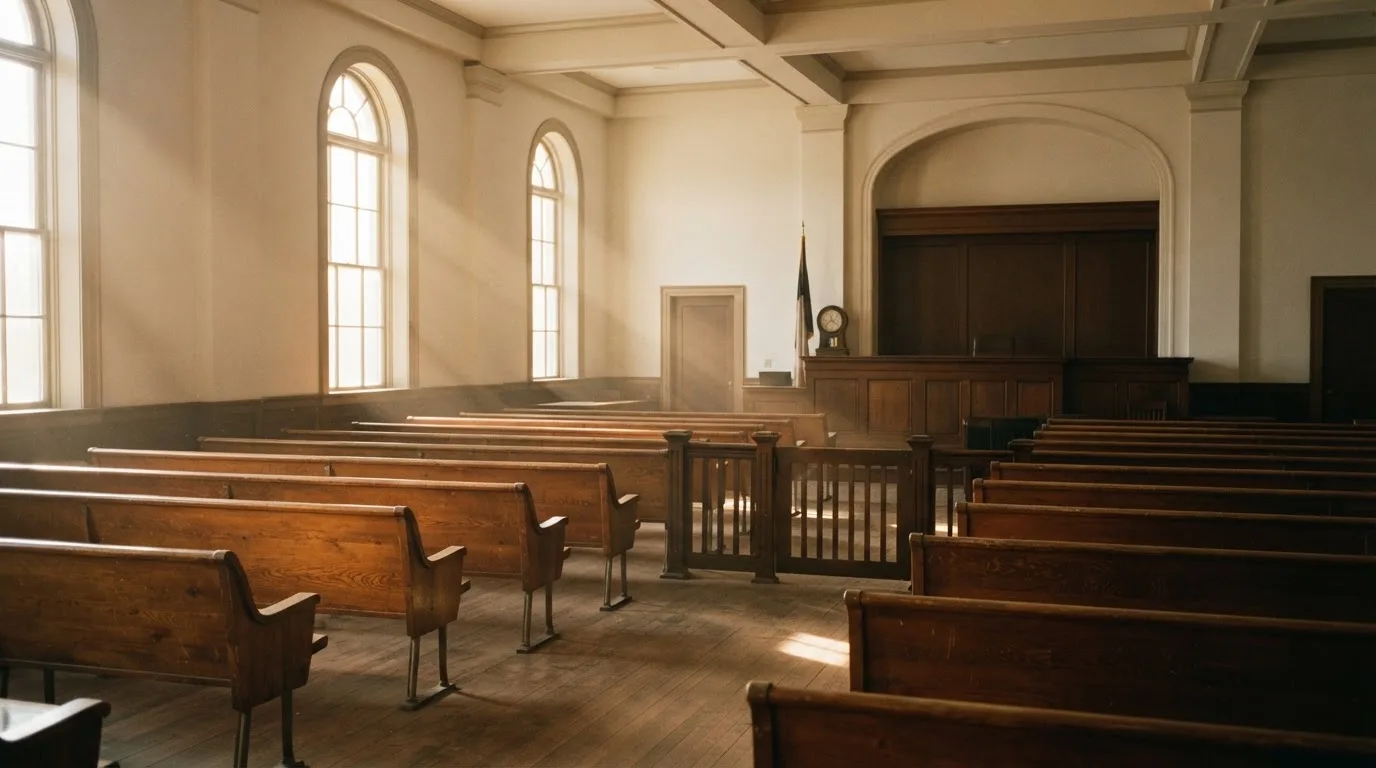 Una sala de tribunal vacía con bancos de madera a la luz de la mañana