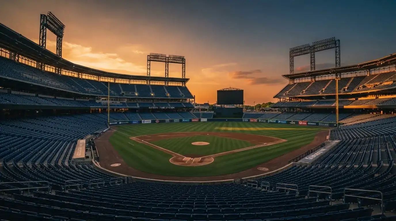 Un estadio de fútbol vacío con torres de iluminación al atardecer