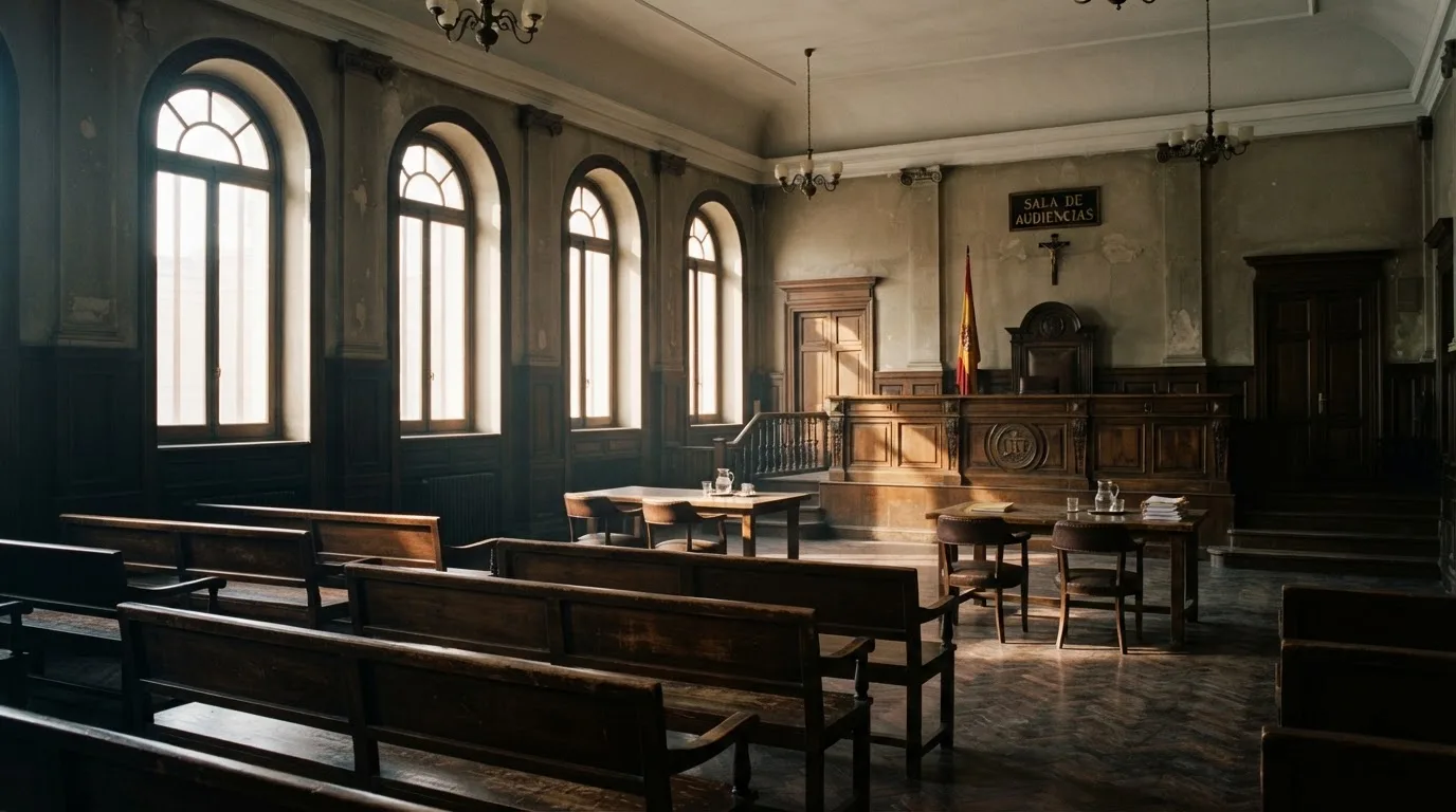 Una sala de tribunal vacía con bancos de madera a la luz de la mañana