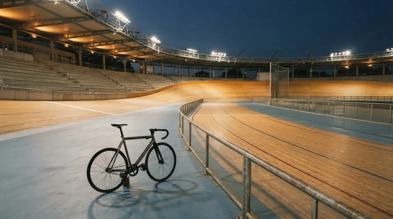 Un estadio de fútbol vacío con torres de iluminación al atardecer