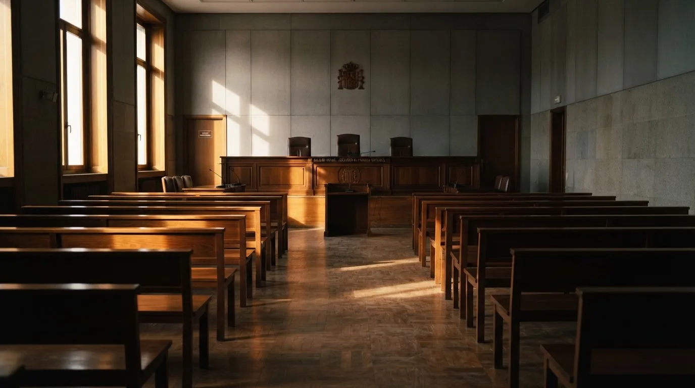 Una sala de tribunal vacía con bancos de madera a la luz de la mañana