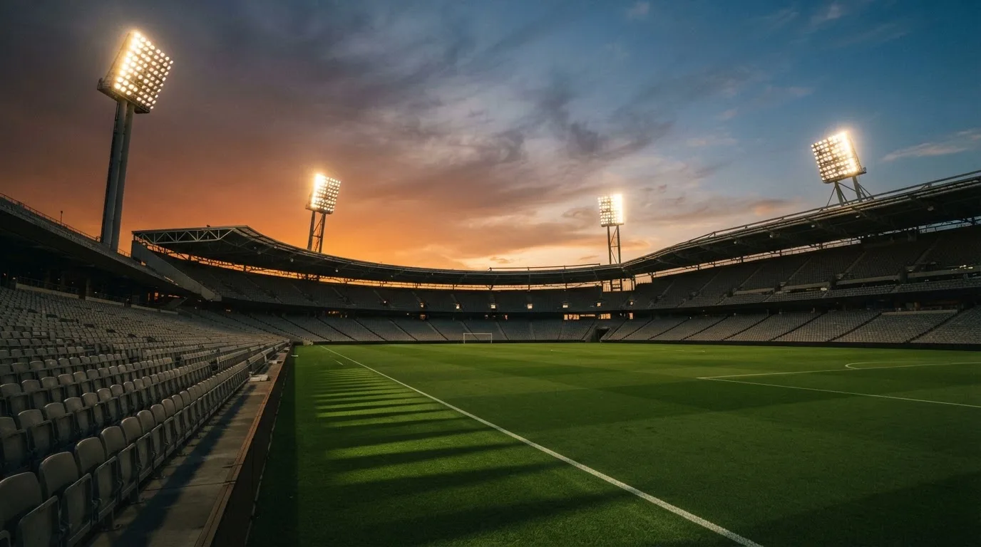 Un estadio de fútbol vacío con torres de iluminación al atardecer