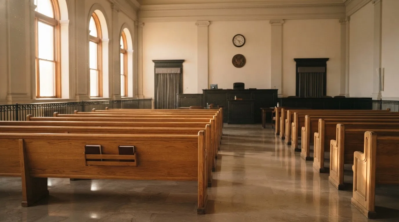 Una sala de tribunal vacía con bancos de madera a la luz de la mañana