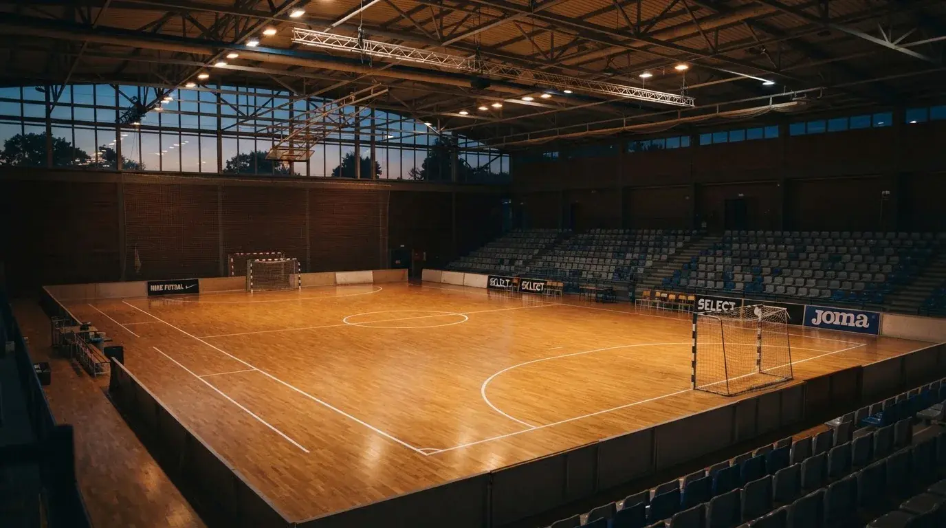 Un estadio de fútbol vacío con torres de iluminación al atardecer