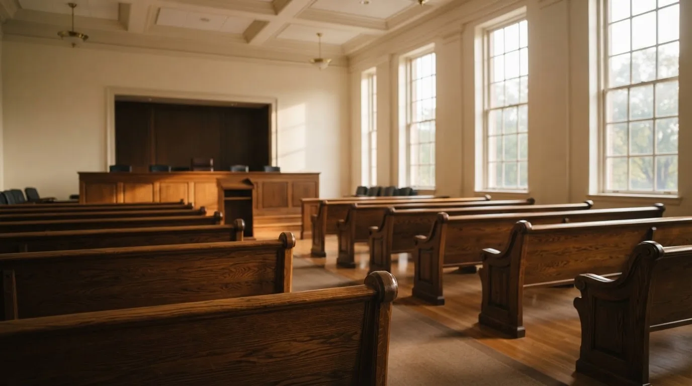 Una sala de tribunal vacía con bancos de madera a la luz de la mañana