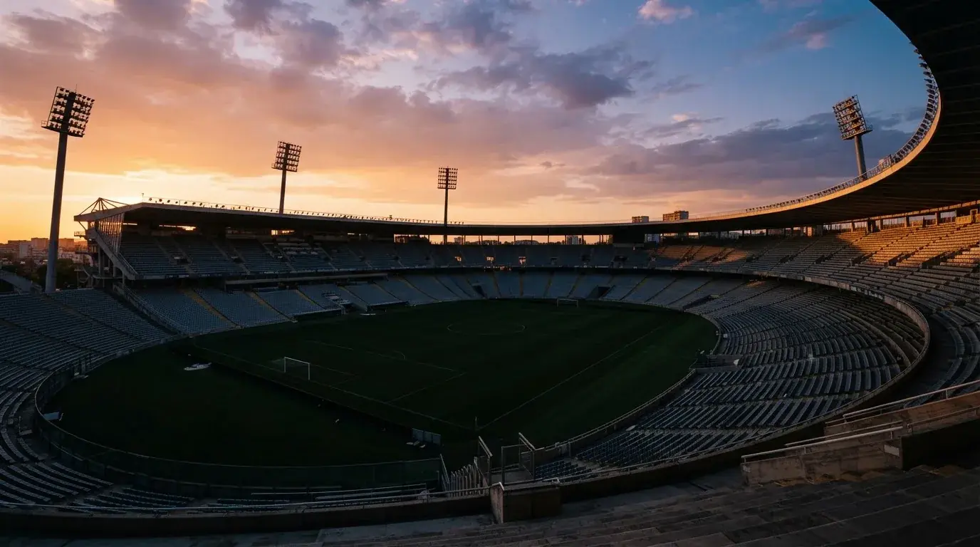 Un estadio de fútbol vacío con torres de iluminación al atardecer