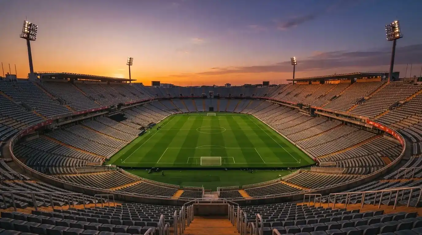 Un estadio de fútbol vacío con torres de iluminación al atardecer