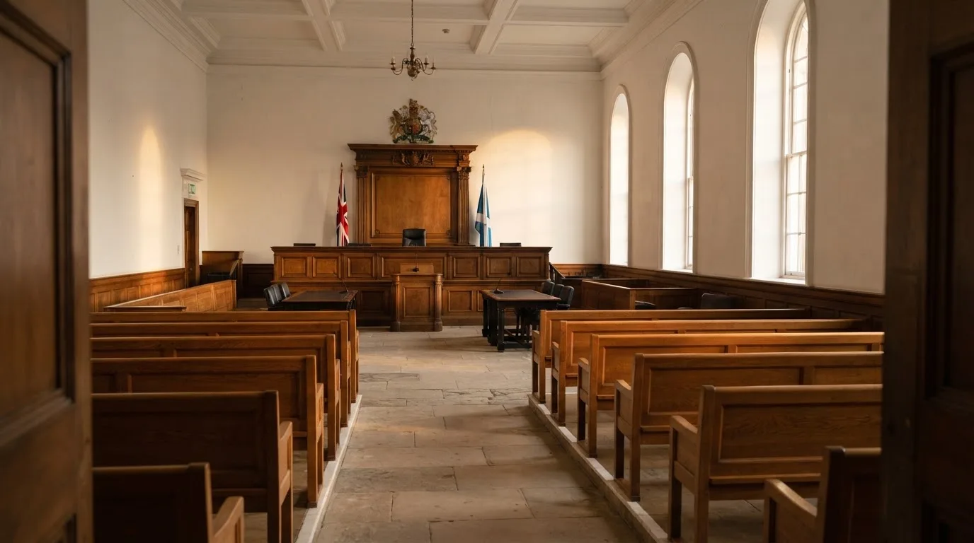 Una sala de tribunal vacía con bancos de madera a la luz de la mañana