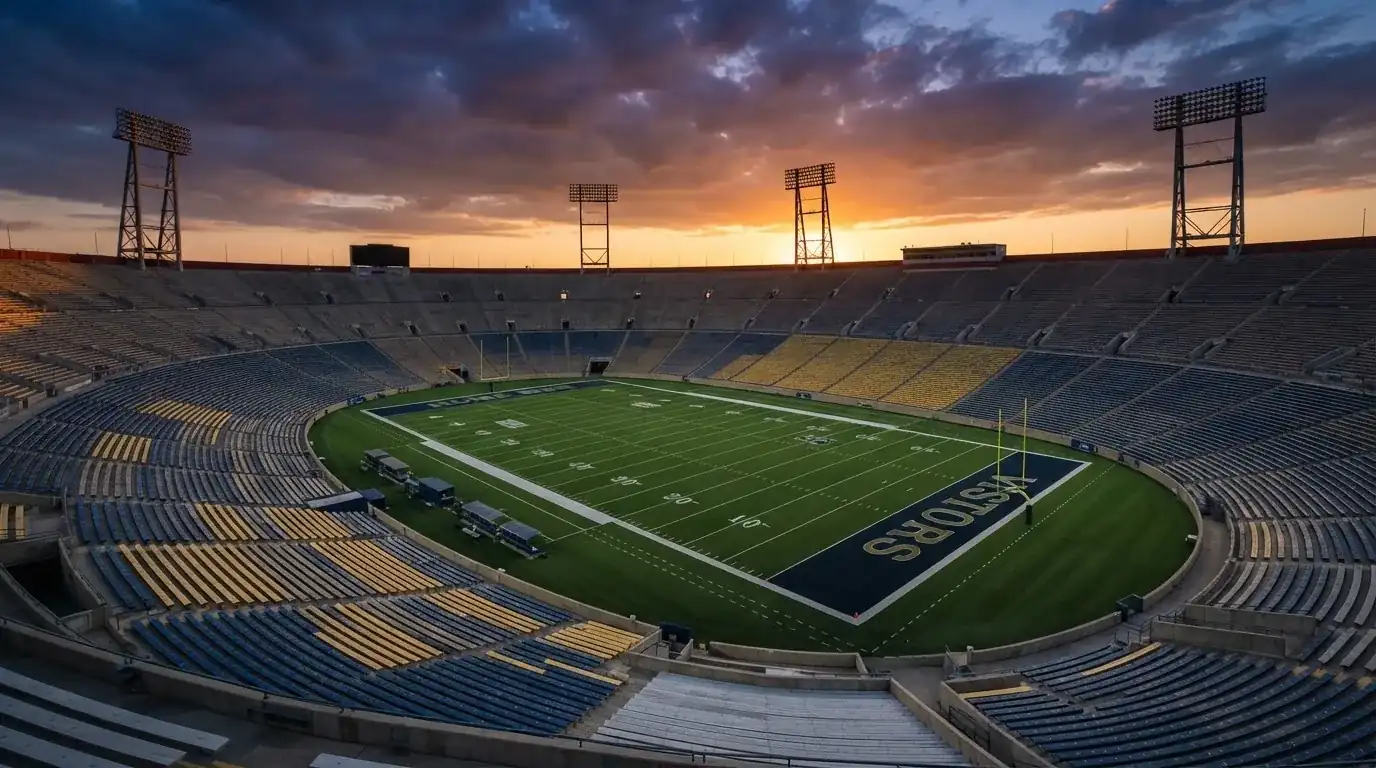 Un estadio de fútbol vacío con torres de iluminación al atardecer
