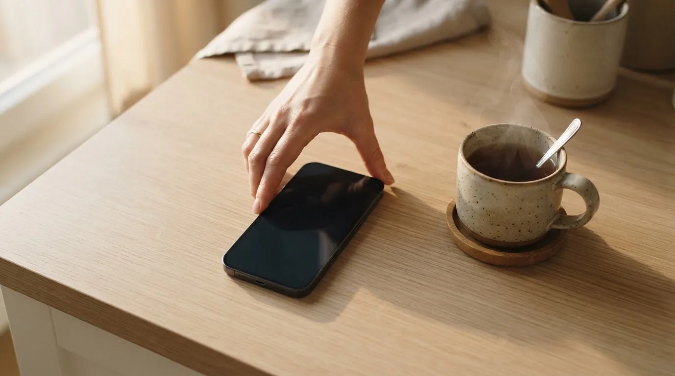 Una mano deja un móvil junto a una taza de té sobre la mesa de la cocina, una tarde tranquila