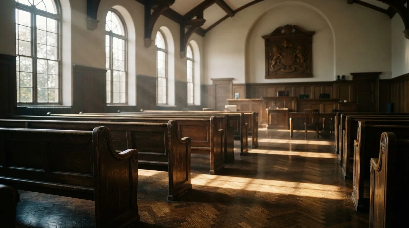 Una sala de tribunal vacía con bancos de madera a la luz de la mañana