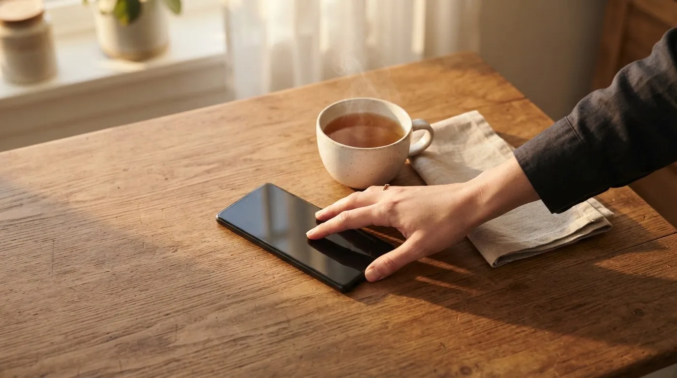 Una mano deja un móvil junto a una taza de té sobre la mesa de la cocina, una tarde tranquila
