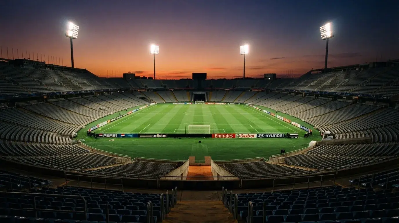 Un estadio de fútbol vacío con torres de iluminación al atardecer