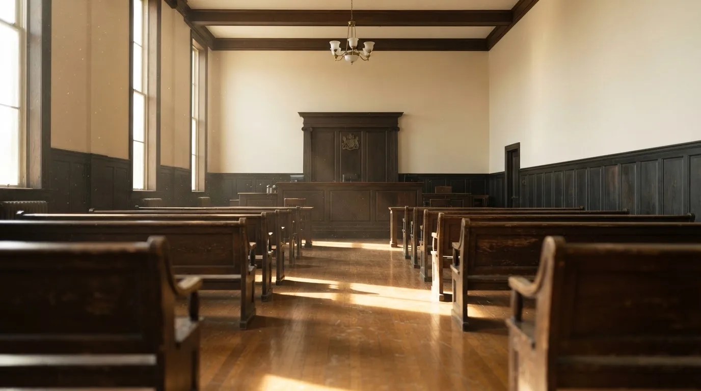 Una sala de tribunal vacía con bancos de madera a la luz de la mañana