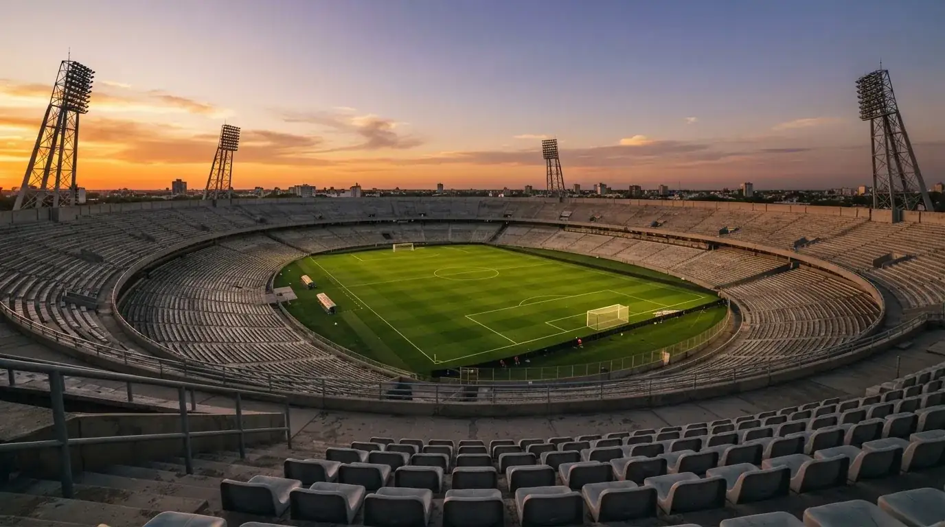 Un estadio de fútbol vacío con torres de iluminación al atardecer