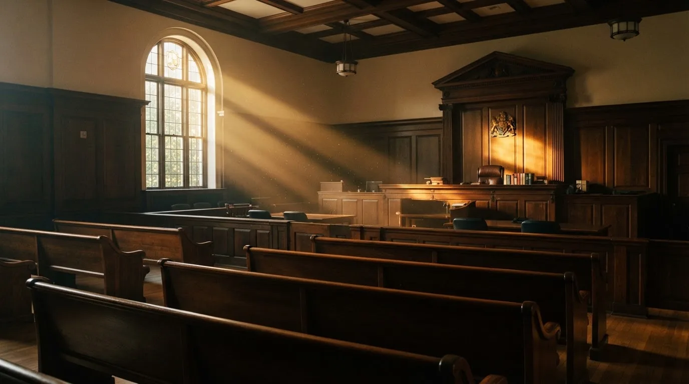 Una sala de tribunal vacía con bancos de madera a la luz de la mañana