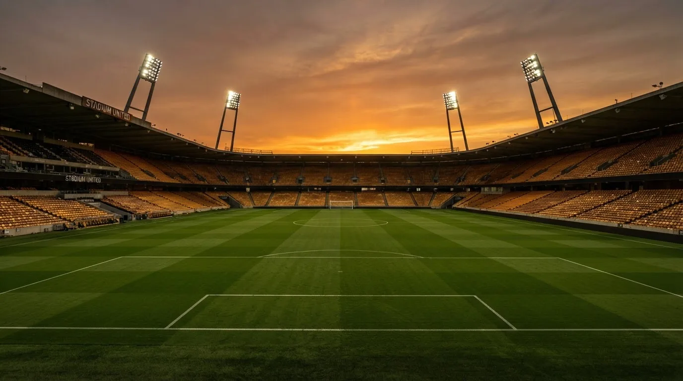 Un estadio de fútbol vacío con torres de iluminación al atardecer