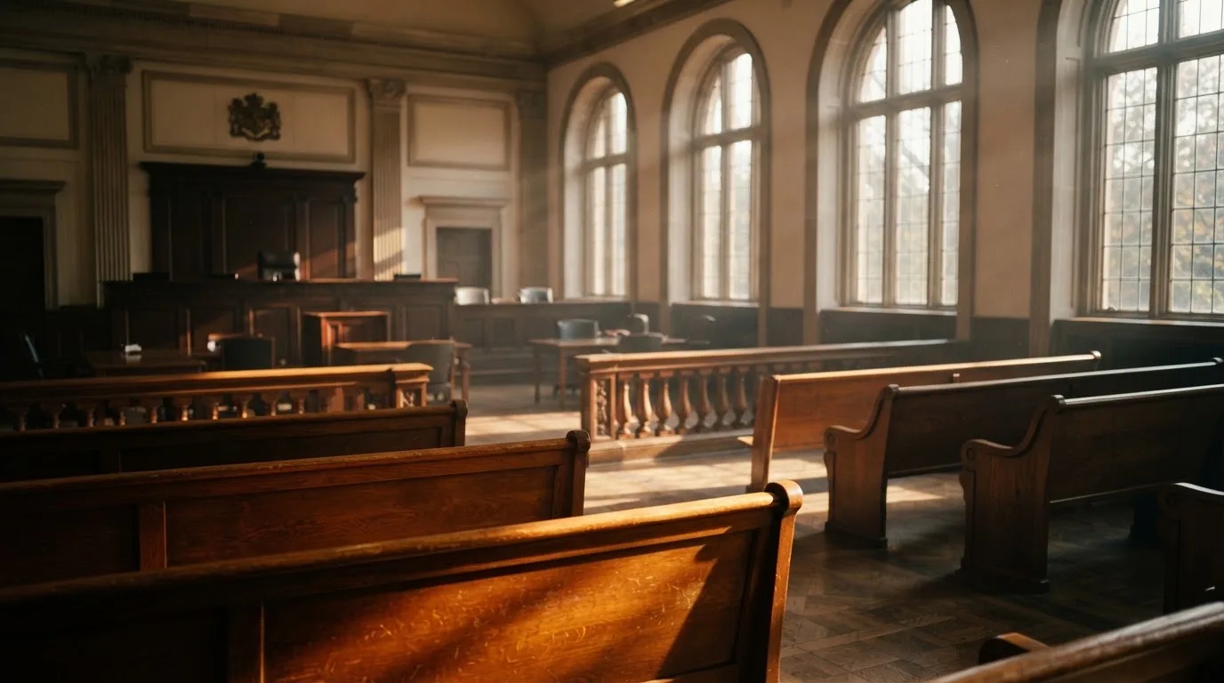 Una sala de tribunal vacía con bancos de madera a la luz de la mañana