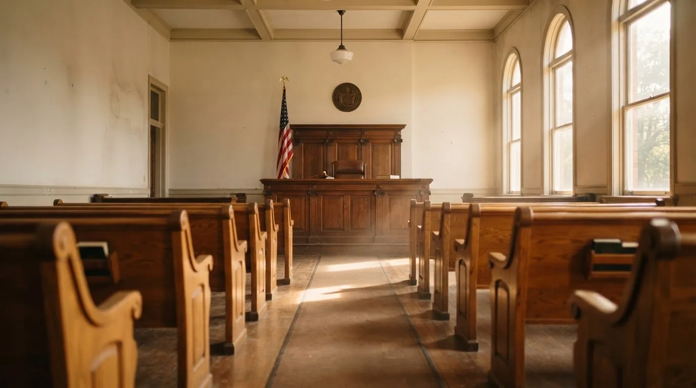 Una sala de tribunal vacía con bancos de madera a la luz de la mañana