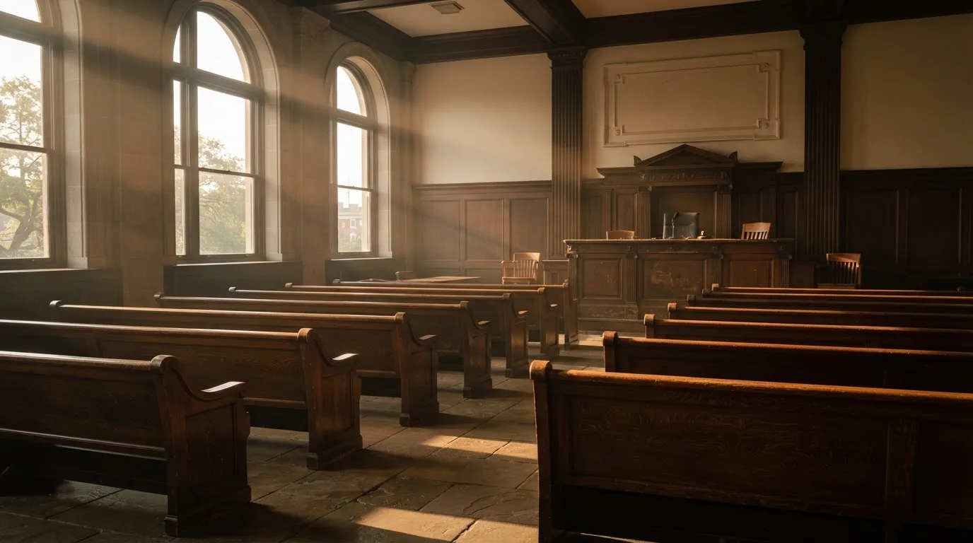 Una sala de tribunal vacía con bancos de madera a la luz de la mañana