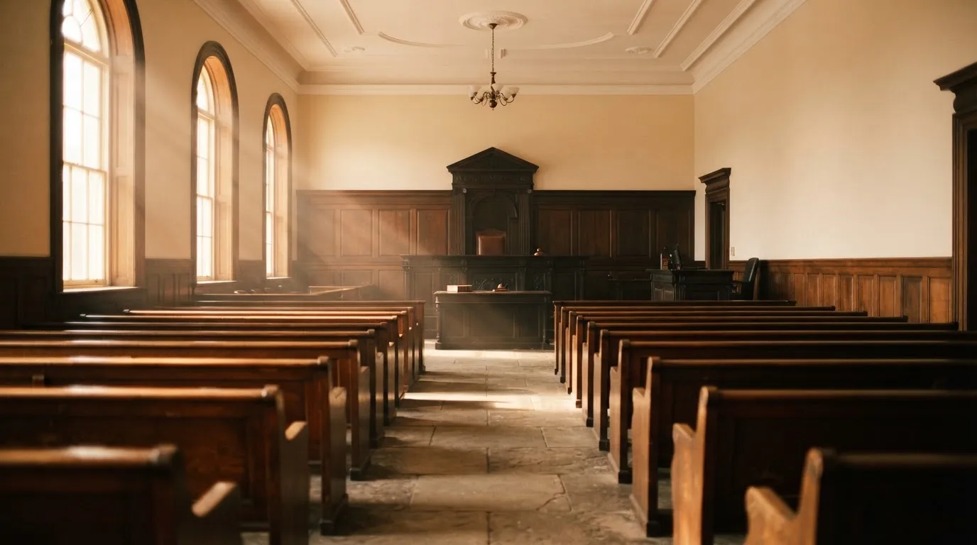 Una sala de tribunal vacía con bancos de madera a la luz de la mañana