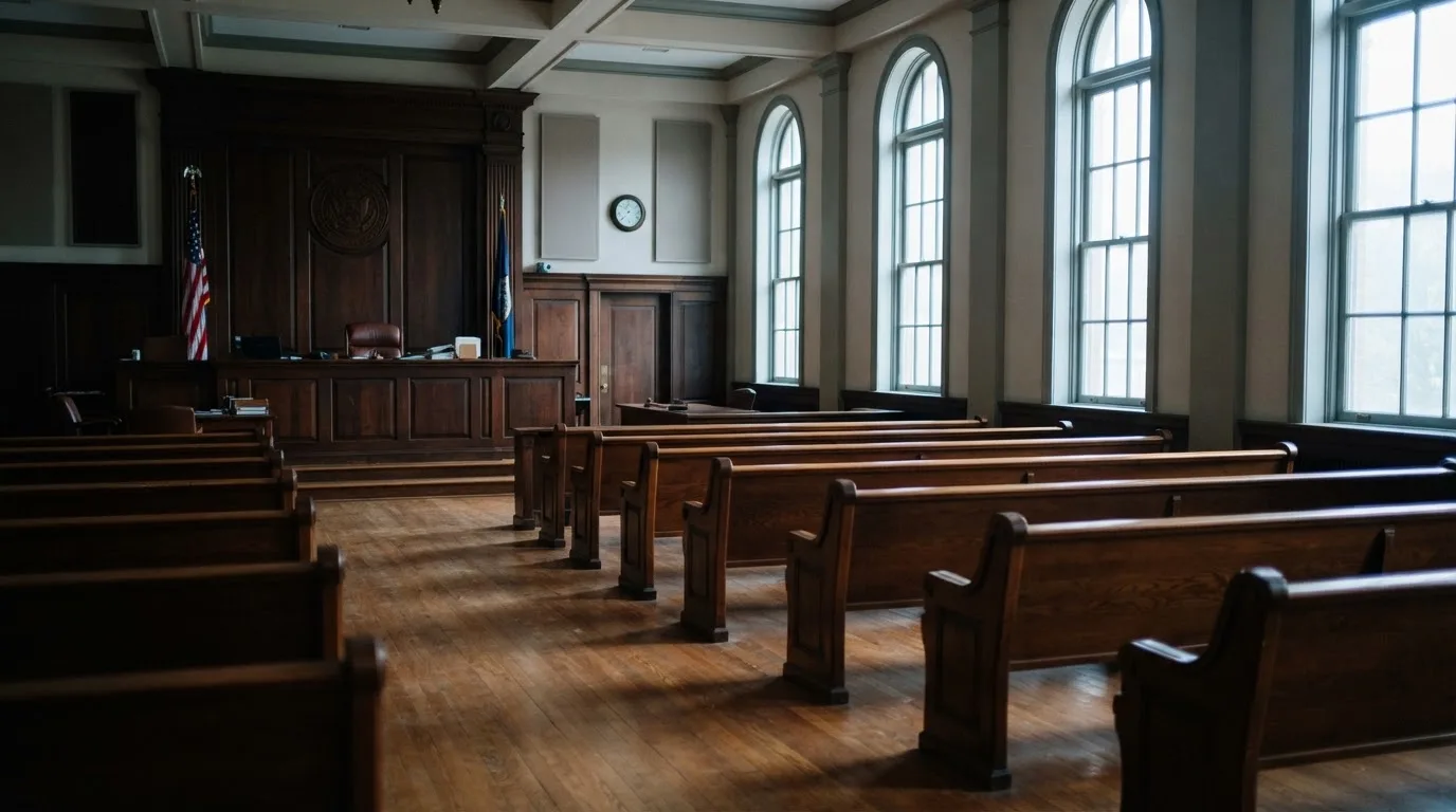 Una sala de tribunal vacía con bancos de madera a la luz de la mañana