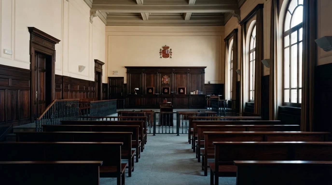 Una sala de tribunal vacía con bancos de madera a la luz de la mañana