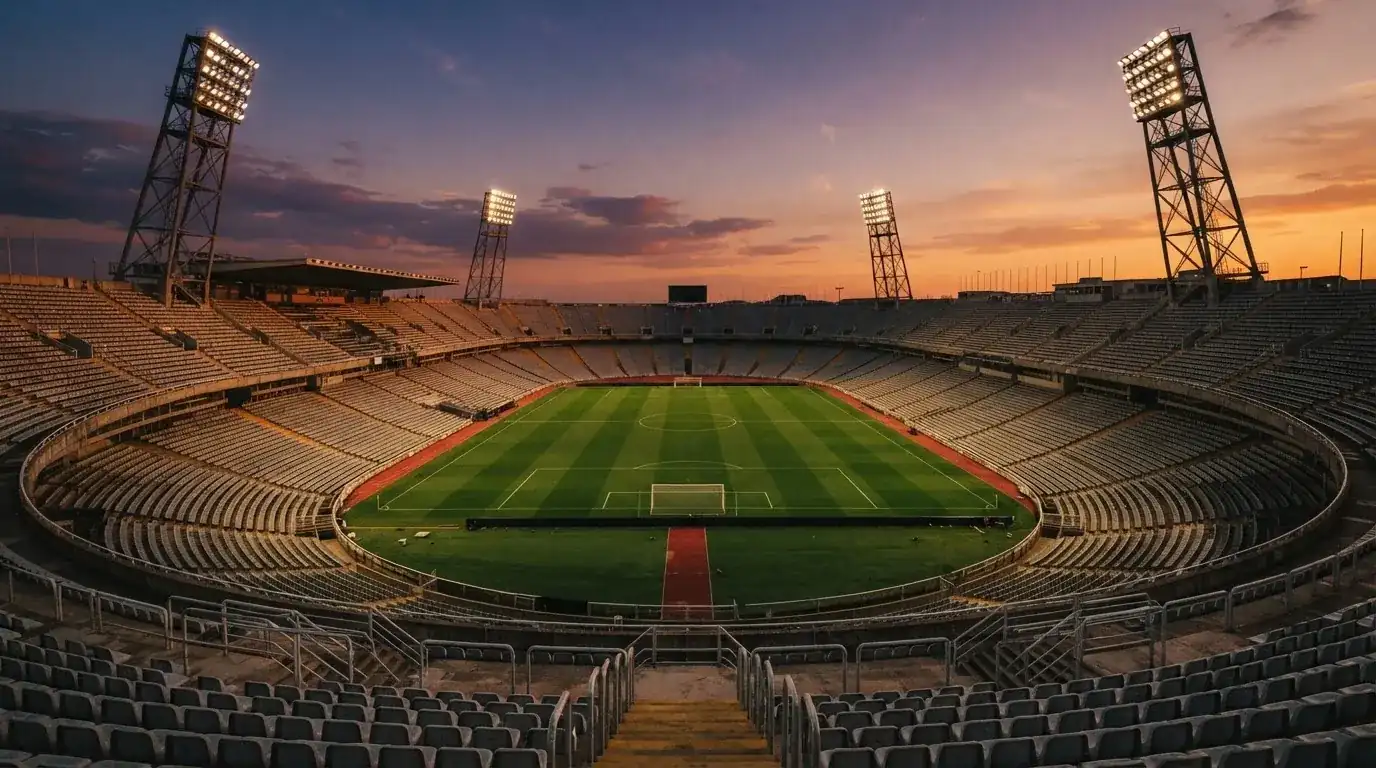 Un estadio de fútbol vacío con torres de iluminación al atardecer
