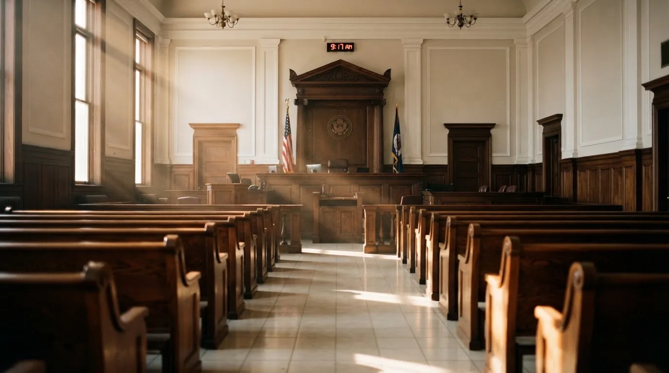 Una sala de tribunal vacía con bancos de madera a la luz de la mañana