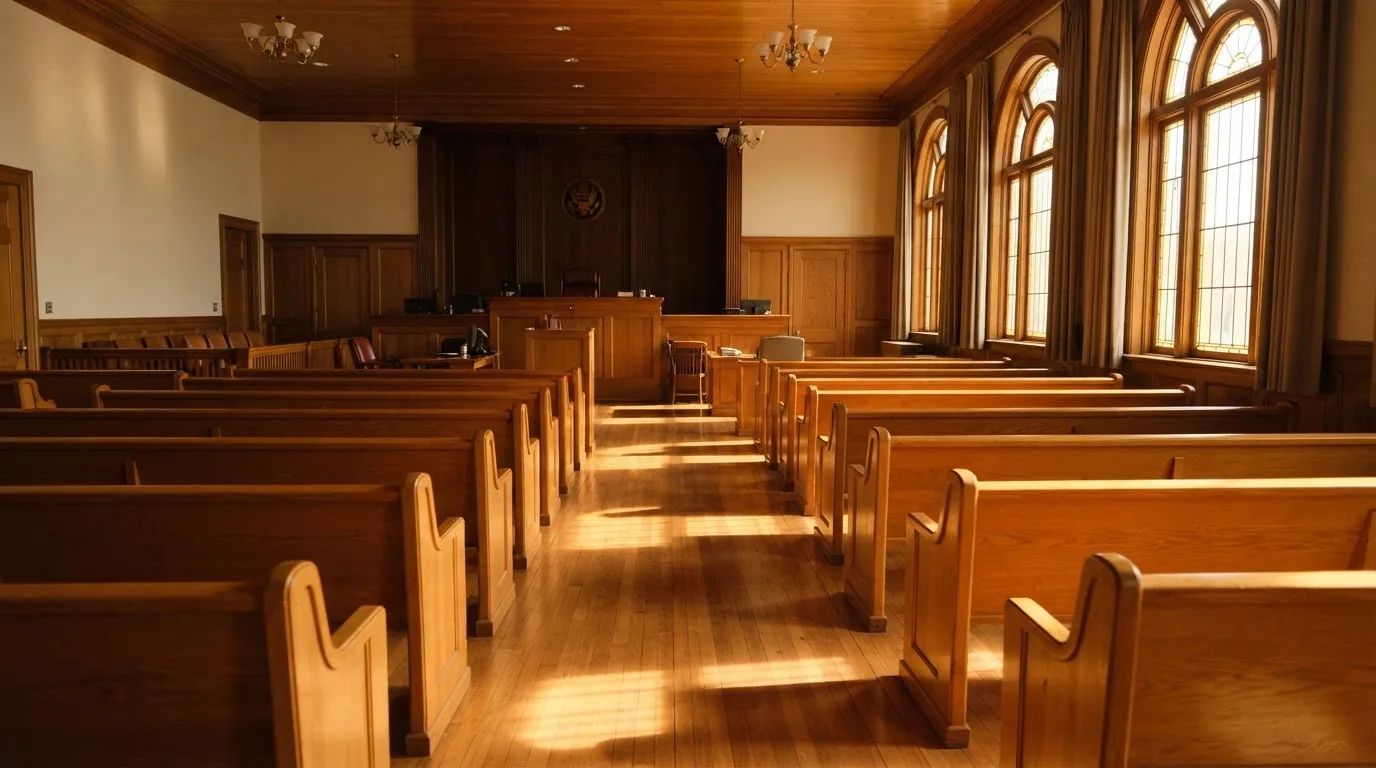 Una sala de tribunal vacía con bancos de madera a la luz de la mañana