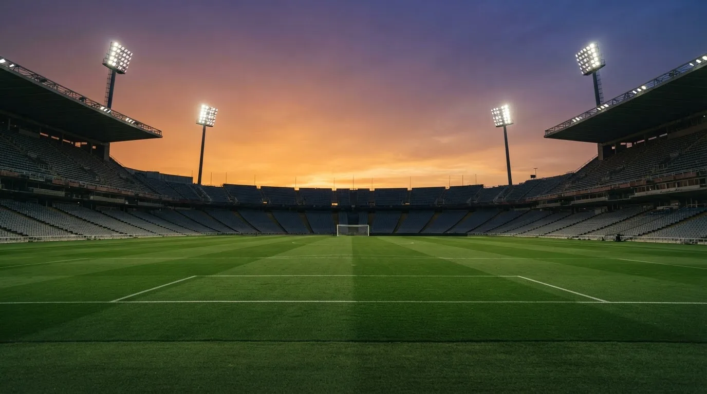 Un estadio de fútbol vacío con torres de iluminación al atardecer