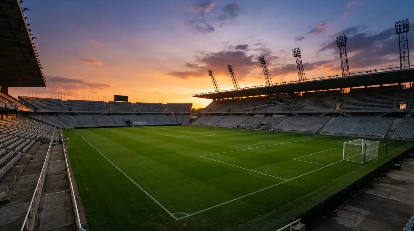 Un estadio de fútbol vacío con torres de iluminación al atardecer