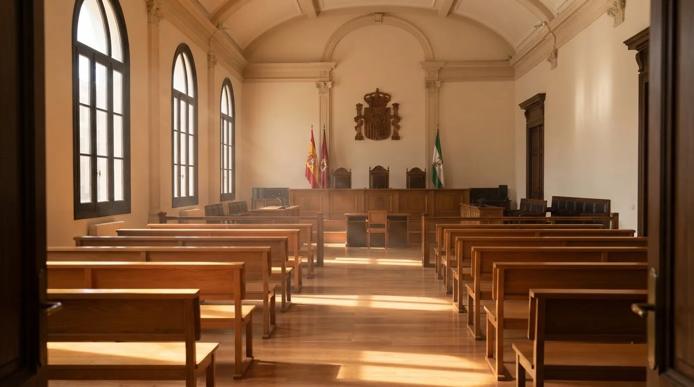 Una sala de tribunal vacía con bancos de madera a la luz de la mañana