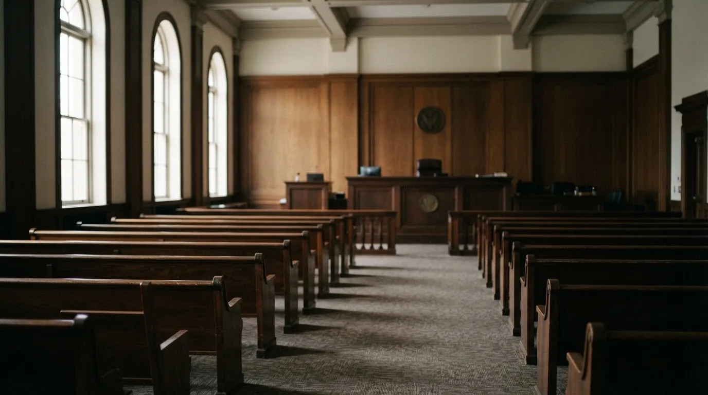 Una sala de tribunal vacía con bancos de madera a la luz de la mañana